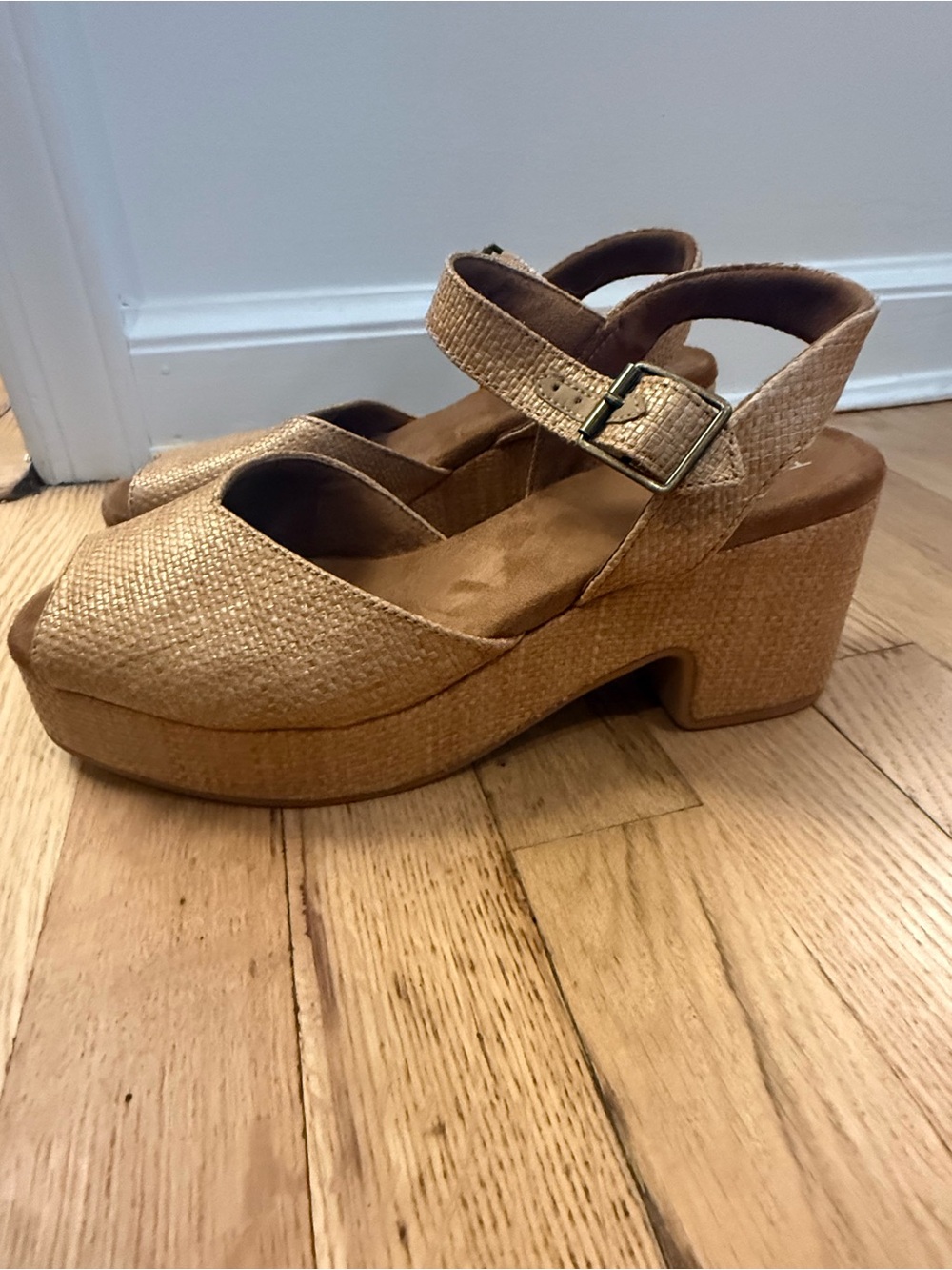 Toms Tan Woven Platform Mary Jane Wedges